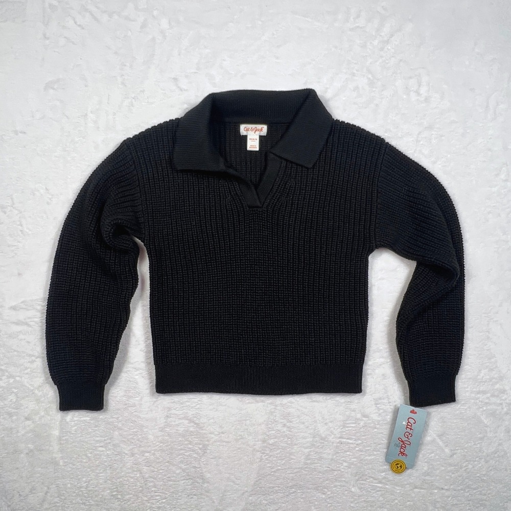 Cat & Jack Girls Collared Sweater S 6/7 Black Knit Polo Pullover School Photo